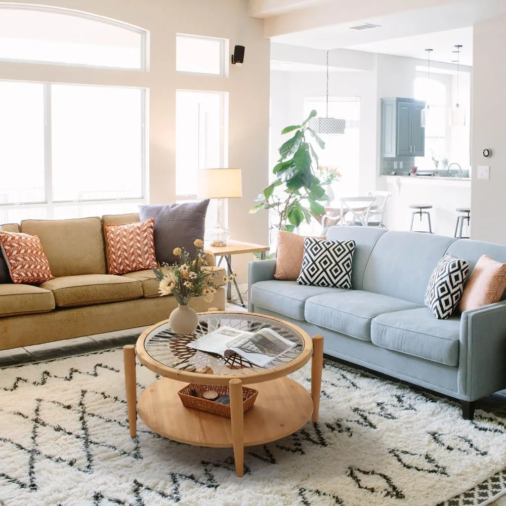 طاولة كوكتيل بوهيمية دائرية مزدوجة الطبقات، وطاولة قهوة من الخيزران الحديث من القرون الوسطى وطاولة قهوة من الزجاج المقسى #4