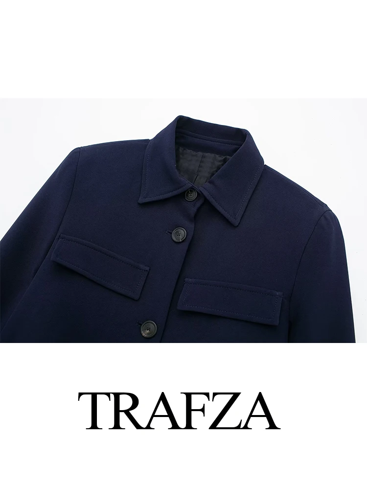 TRAFZA Female Spring Suit Solid Turn-Down Collar Long Sleeves Single Breasted Jacket+Mid-Waist Lace-Up Pocket Zipper Long Pants