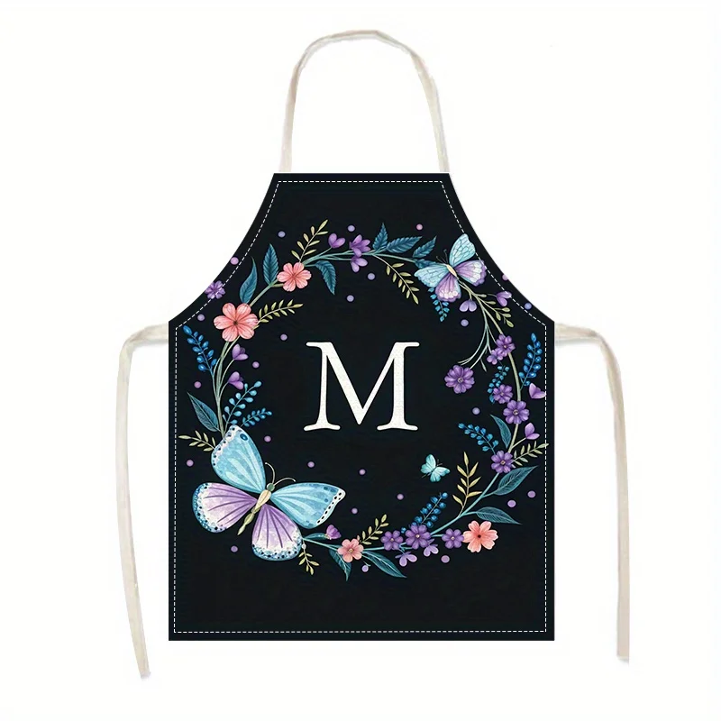 Butterfly Floral Monogram M Apron Linen Cooking Kitchen Baking Bib For Women Chef Waitress Housework Cleaning