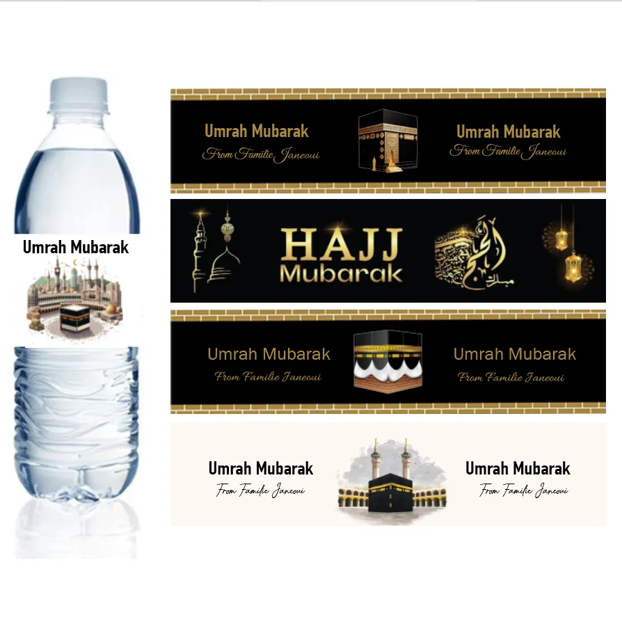 Autocollant de bouteille d'eau personnalisé Umrah Mubarak, étiquette adhésive Zamzam Water Hajj, décor de fête de pèlerinage musulman Eid, fournitures de célébration