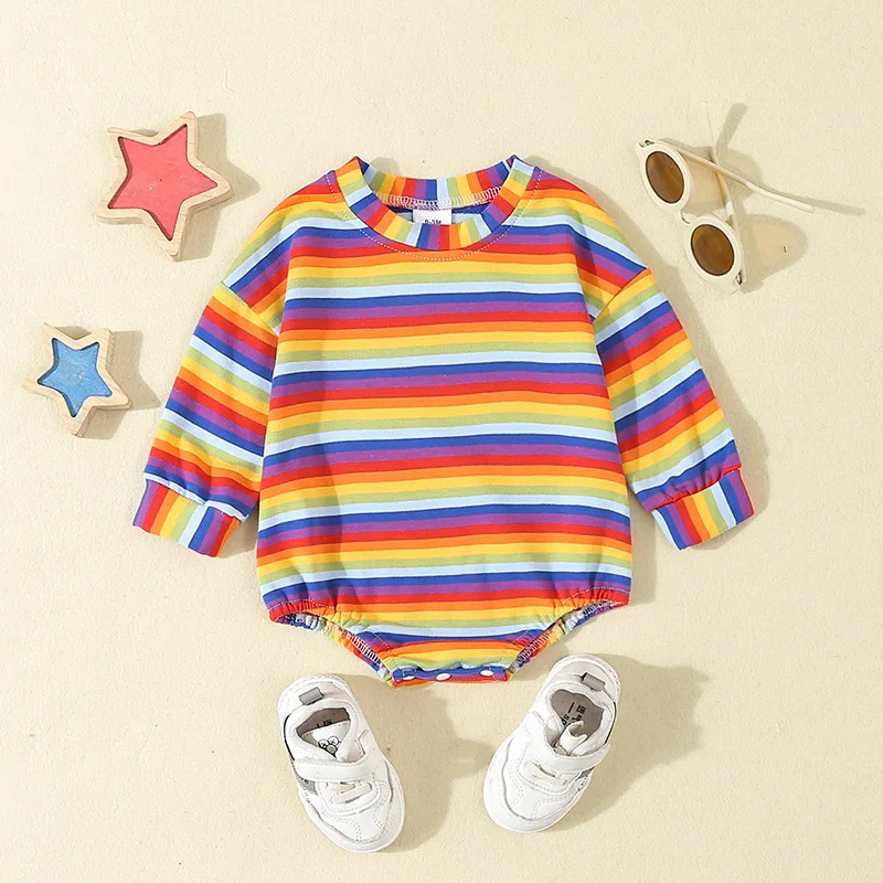 Casual Baby Striped Sweatshirt Romper Rainbow Color Long Sleeve Crew Neck T shirt Bodysuit Jumpsuits Clothes for Girls Boys