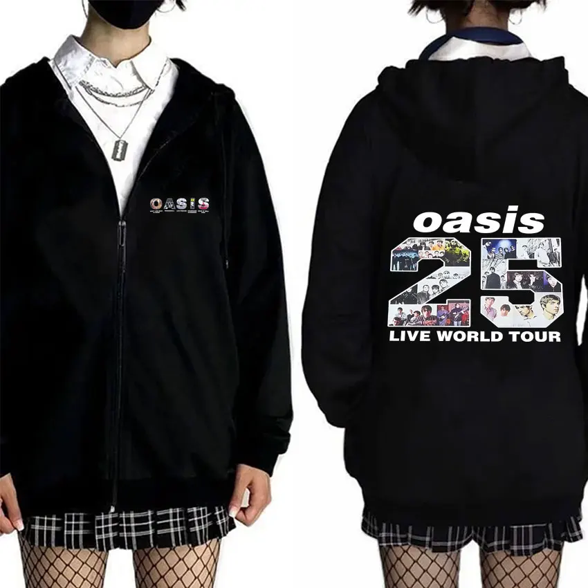 

Limited Rock Band O-Oasis Music Album Cover Live 25 World Tour Zipper Hoodie Men Women's Fleece Cotton Oversized Zip Up Jacket