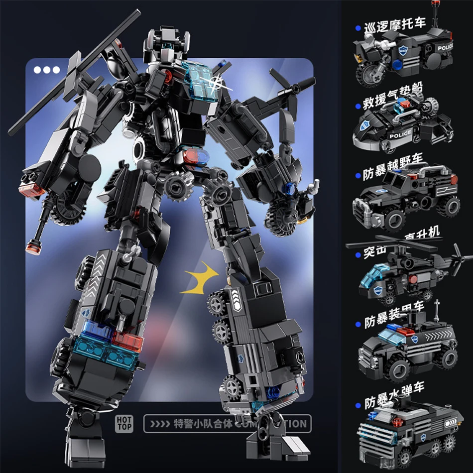 New 6in1 Transforming Military Anti Riot Armor Building Blocks For Boy Educational Puzzle Assembly Toy Mecha Vehicle Model Gift