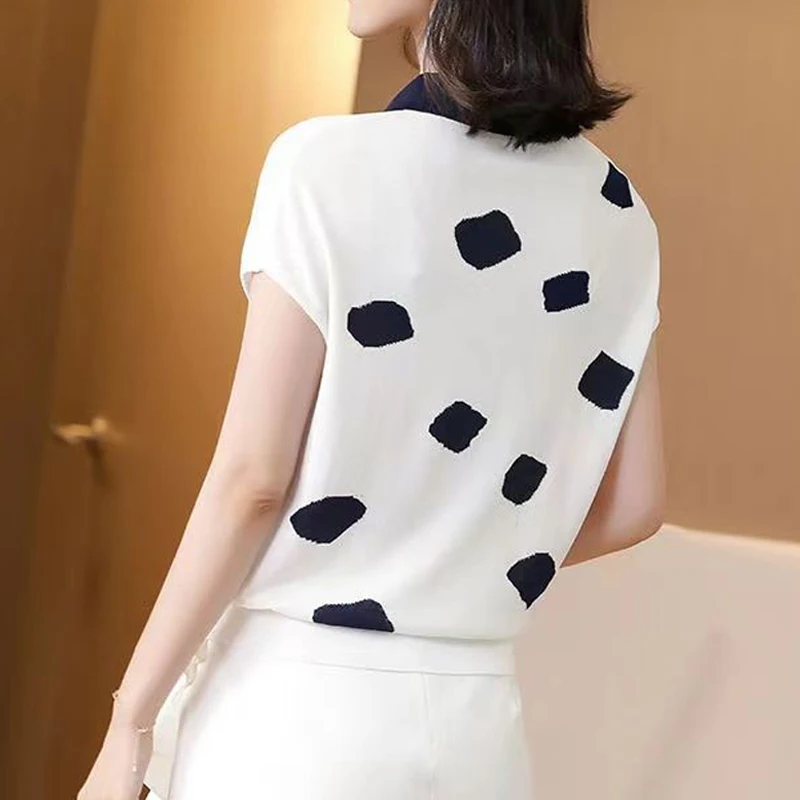 Women's Clothing Summer Fashion Contrast Color Patchwork Elegant Knitted T-shirts Simple Casual Short Sleeve Loose Pullover Tops