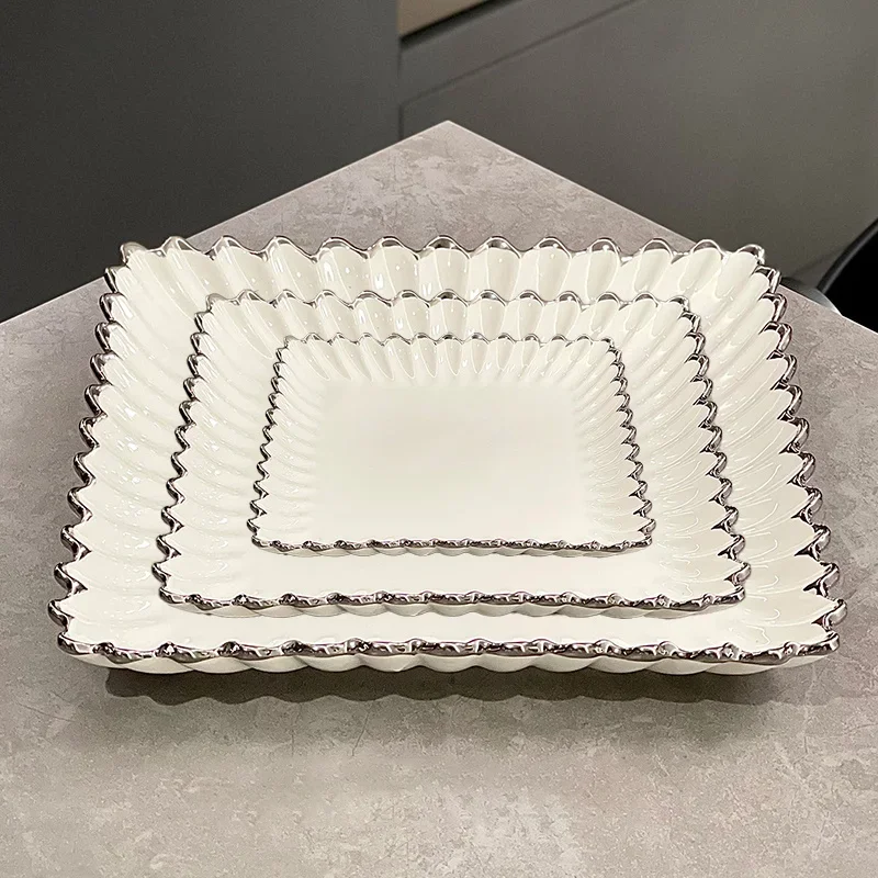 Light Luxury High-end Ceramic Dish 6/8/10in Plating Silver Flower Edge Round Restaurant Plate Square Afternoon Tea Dessert Plate