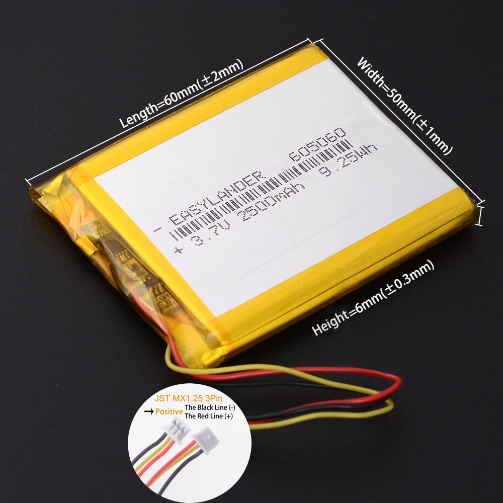 MX1.25 3Pin 605060 3.7V 2500mAh Rechargeable li-Polymer Li-ion Battery 305060 405060 505060 705060 805060 905060 105060 125060