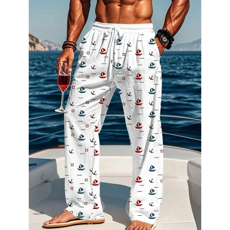 Pantaloni estivi da uomo larghi con coulisse con stampe nautiche Pantaloni Uomo Pantaloni sportivi da uomo Pantaloni dritti Calca Masculina