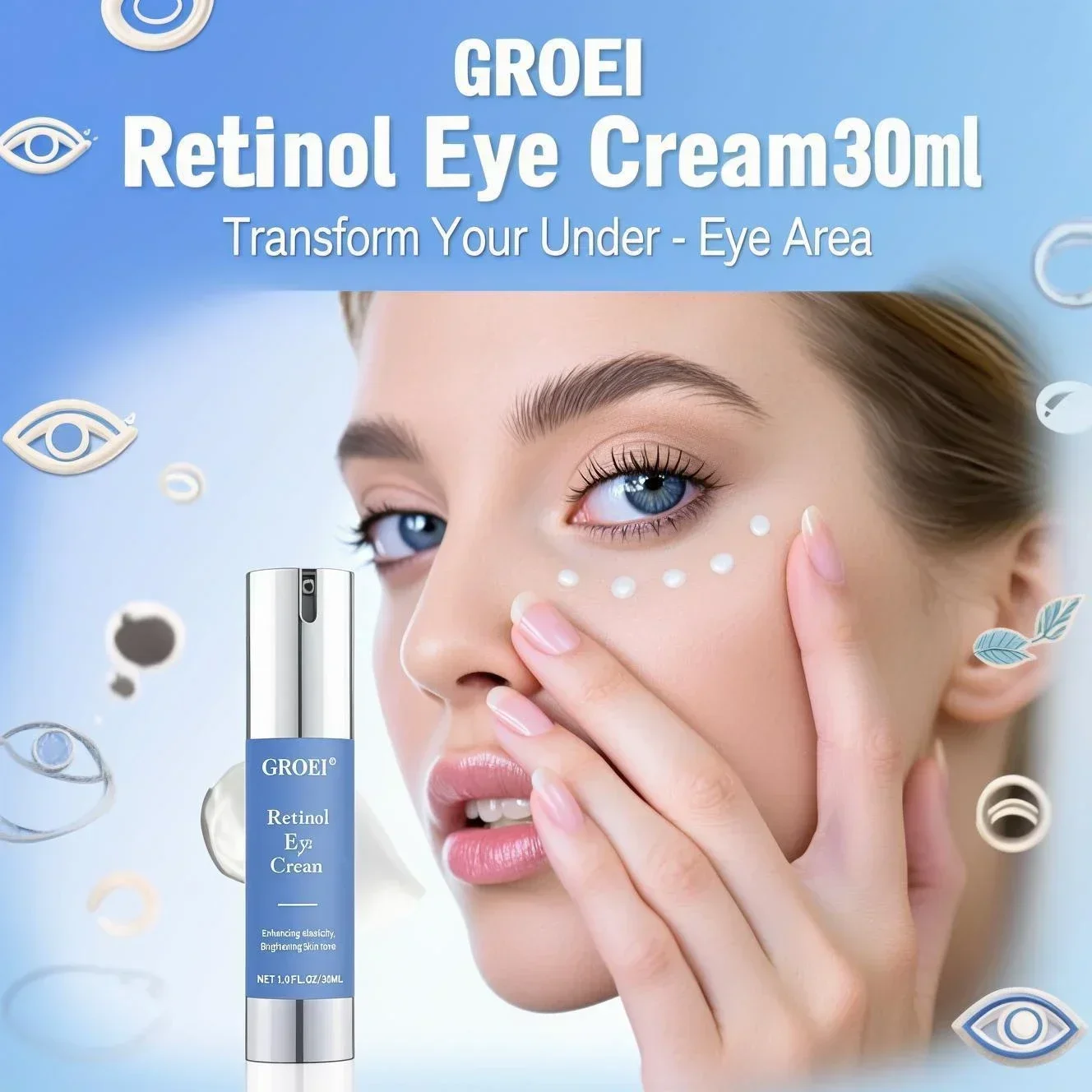 Anti-Aging Eye Cream 30ml - Retinol formula fights dark circles, wrinkles & puffiness. With bakuchiol & hyaluronic acid.
