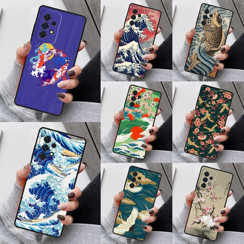 Carp Waves Crane and Brocade Phone Case For Samsung Galaxy S23 S21 S20 FE S24 S22 Ultra Note20 S10 S9 Plus A40 A52 A13 A53