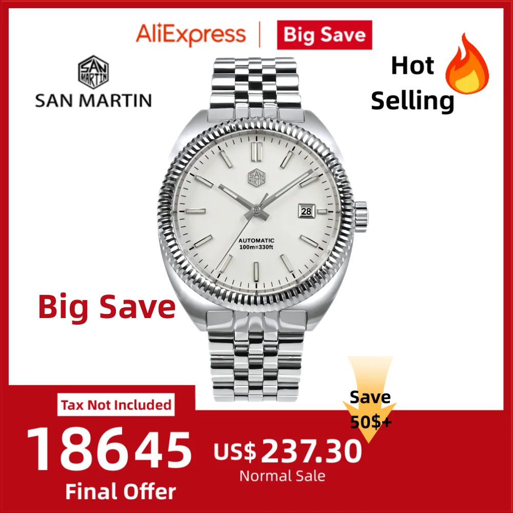 ซานมาร์ติน ออริจินัล 40 มม.ผู้ชายนาฬิกาอัตโนมัตินาฬิกาข้อมือวันที่ YN55 5-Link สร้อยข้อมือว่ายน้ำมงเตร SN0069
