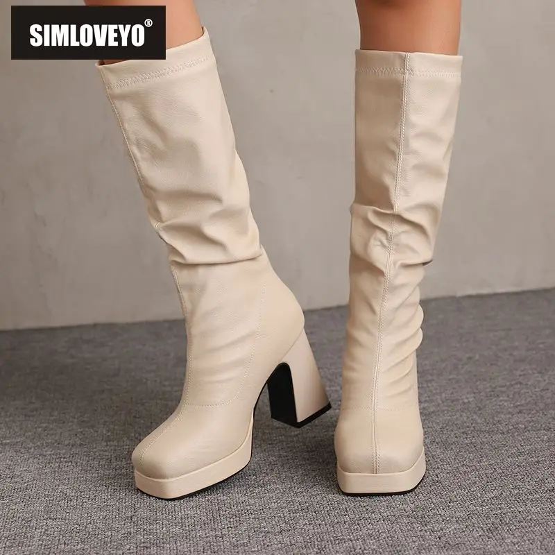 

SIMLOVEYO Брендовые плиссированные женские сапоги до колена без шнуровки большого размера 46 47 48 Модный квадратный носок 9,5 см на блочном каблуке 2 см Распродажа на платформе