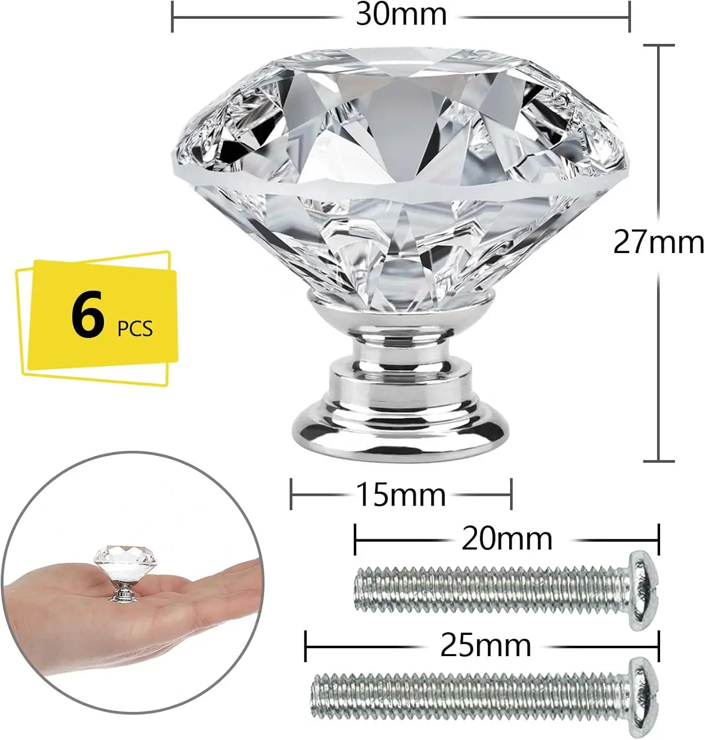 6 PCS Cabinet Knobs with 2 Sizes Screws, 30mm Drawer Handles Crystal Glass Diamond Shaped cupboards Door Knobs for Dresser Drawe