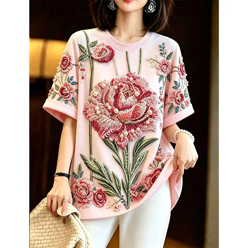 Fashion Heavy Industry Nail Bead Embroidery T-shirt Women Tshirt Blouse Summer Autumn Loose Short Sleeved Unique Top Female