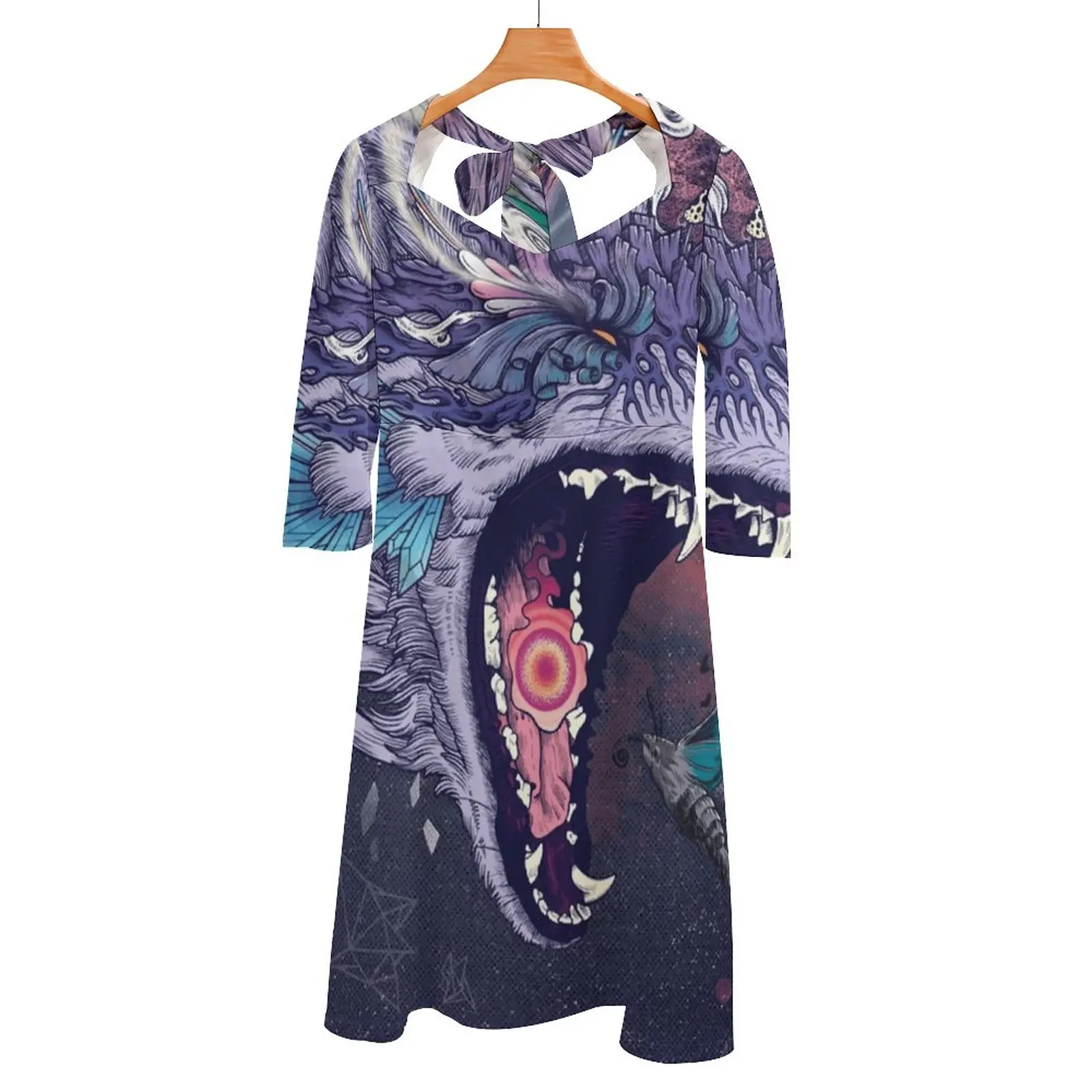 Kalopsia Back Lacing Backless Dress Square Neck Dress Fashion Printed Dress 6Xl Wolf Space Kalopsia Psychedelic Surreal Wild