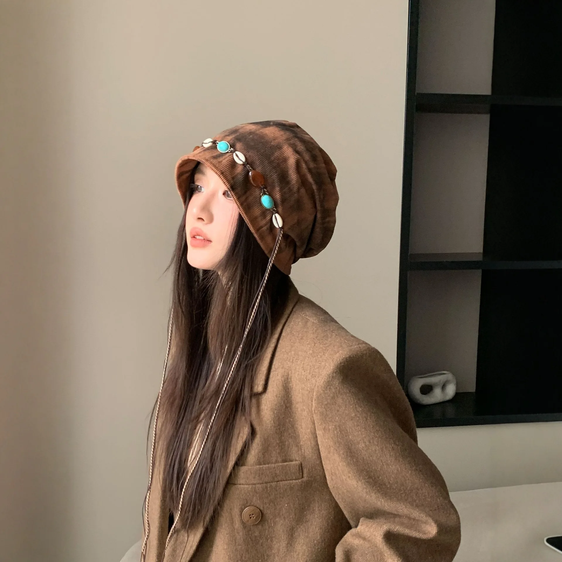 2026 New Bohemian Tassel Slouchy Beanie For Women Large Head Autumn Winter 100 Percent Acrylic Chic Warm Turban Hat Coffee Black