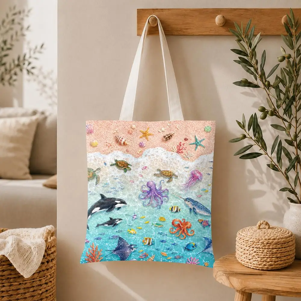 Ocean Life Watercolor Set Storage Bags Large Capacity Canvas Tote Bag Double-Sided Print Shoulder Handbag for Daily Shopping