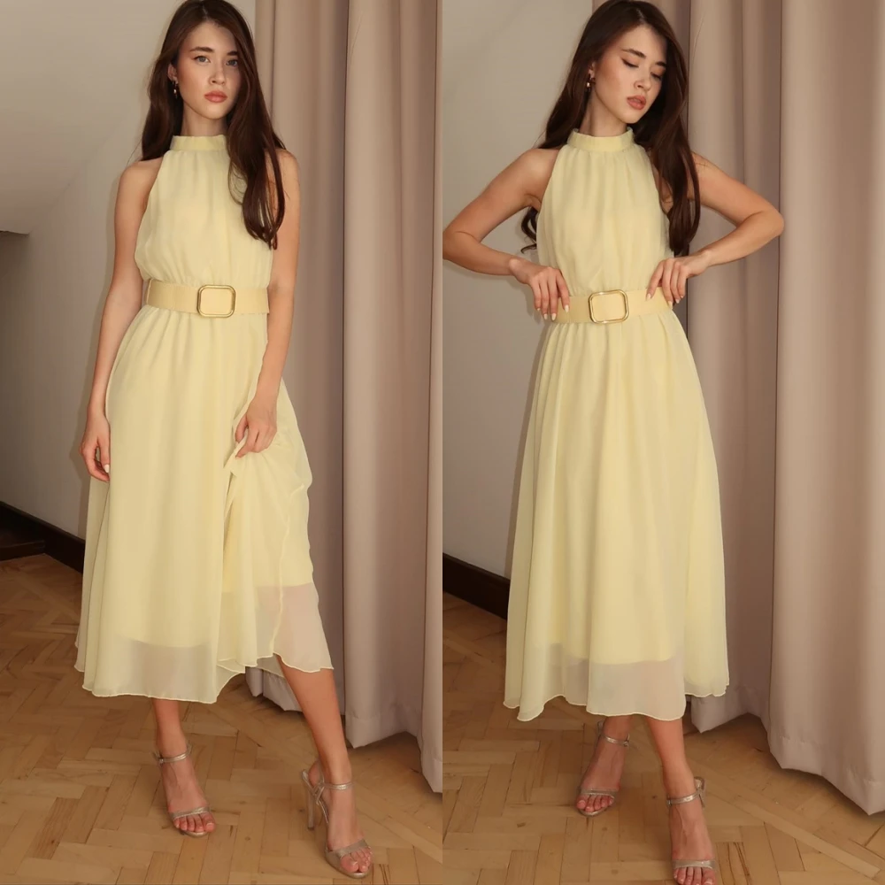 Gaun Malam Halter Sifon Mewah Kustom Gaun Prom Ikat Pinggang Elegan Gaun Acara Khusus Tanpa Lengan Kualitas Tinggi