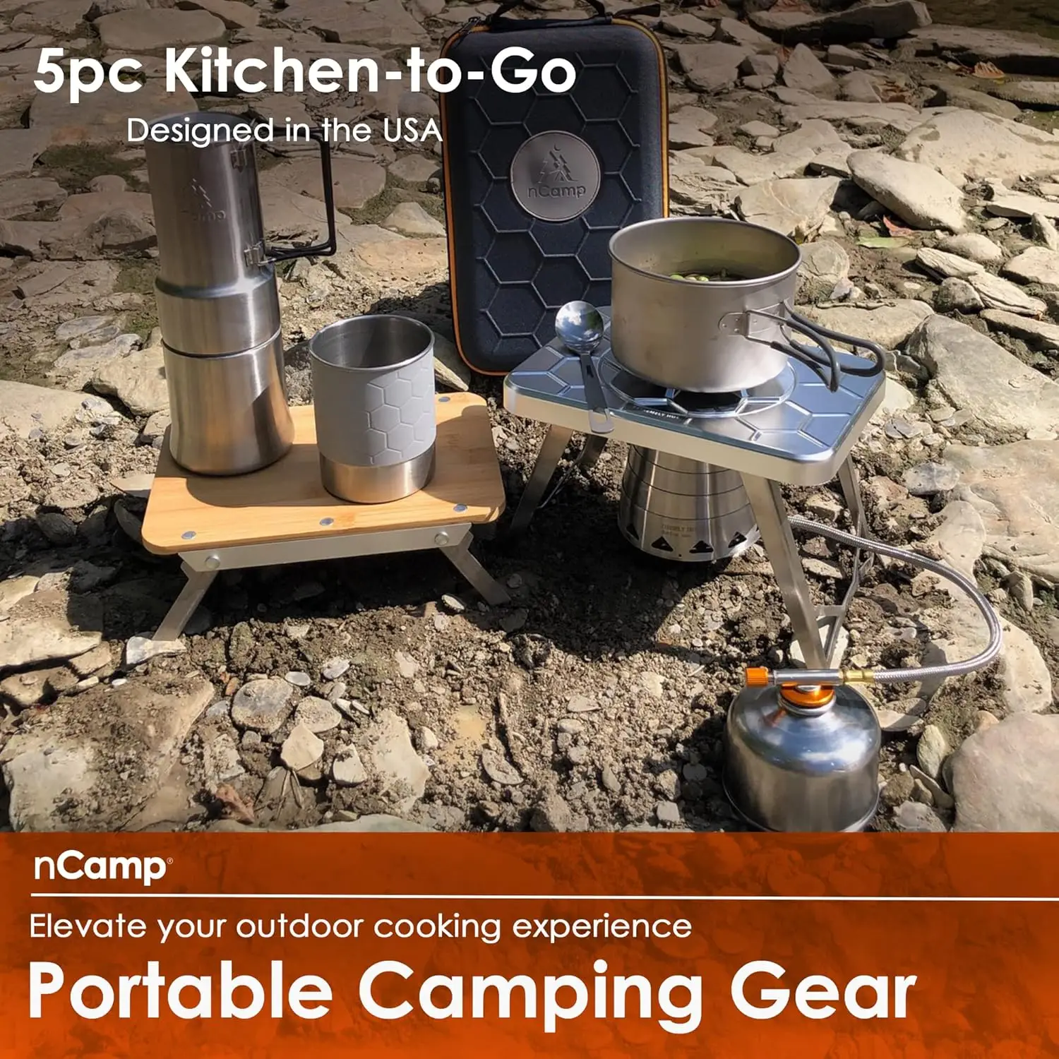 Kitchen to Go 5 Piece Bundle, Portable Compact Multi-Fuel Burning Camping Stove, ISO Propane Adapter, Elevated Bamboo Cutt