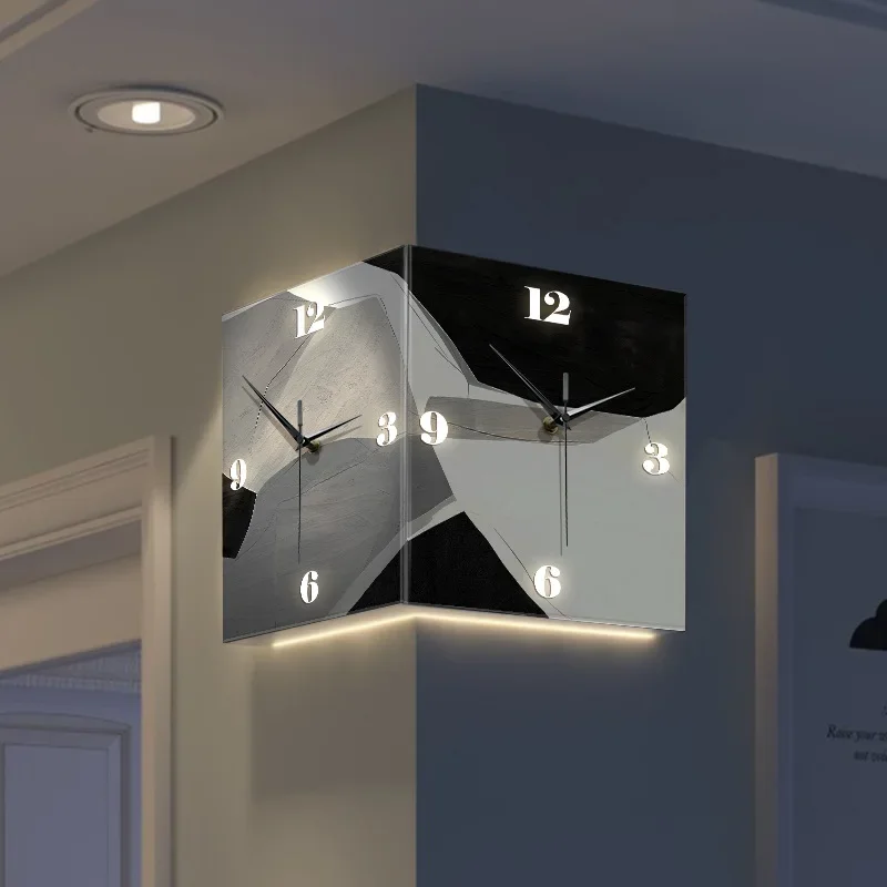 Modern Simple Abstract Living Room Double Sided Corner Wall Clock Creative Corner Clock Wall Lamp Non-Punch