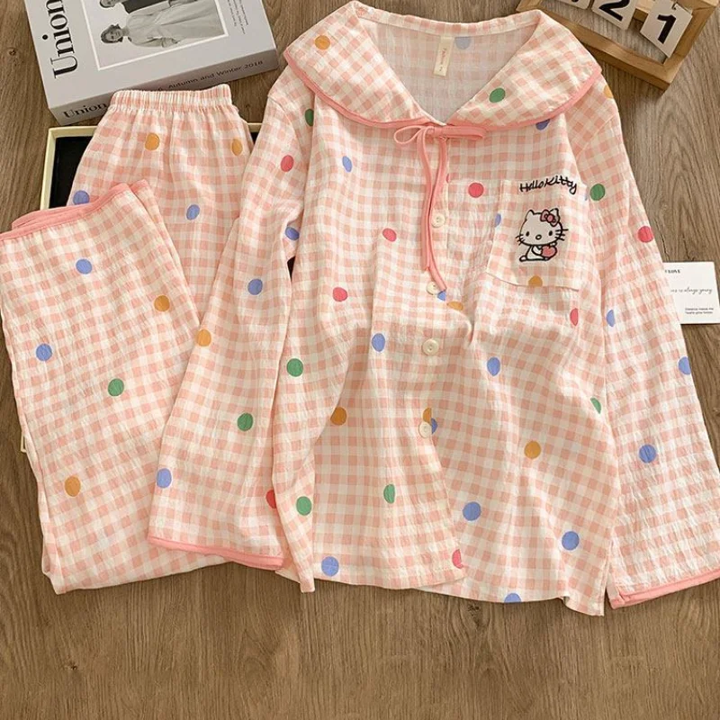 

Sanrio Hello Kitty Cute Pajamas Women's Nightie Pant Long Sleeve Sleepwear Spring Nightwear Student Pijama Cartoon Home Clothes