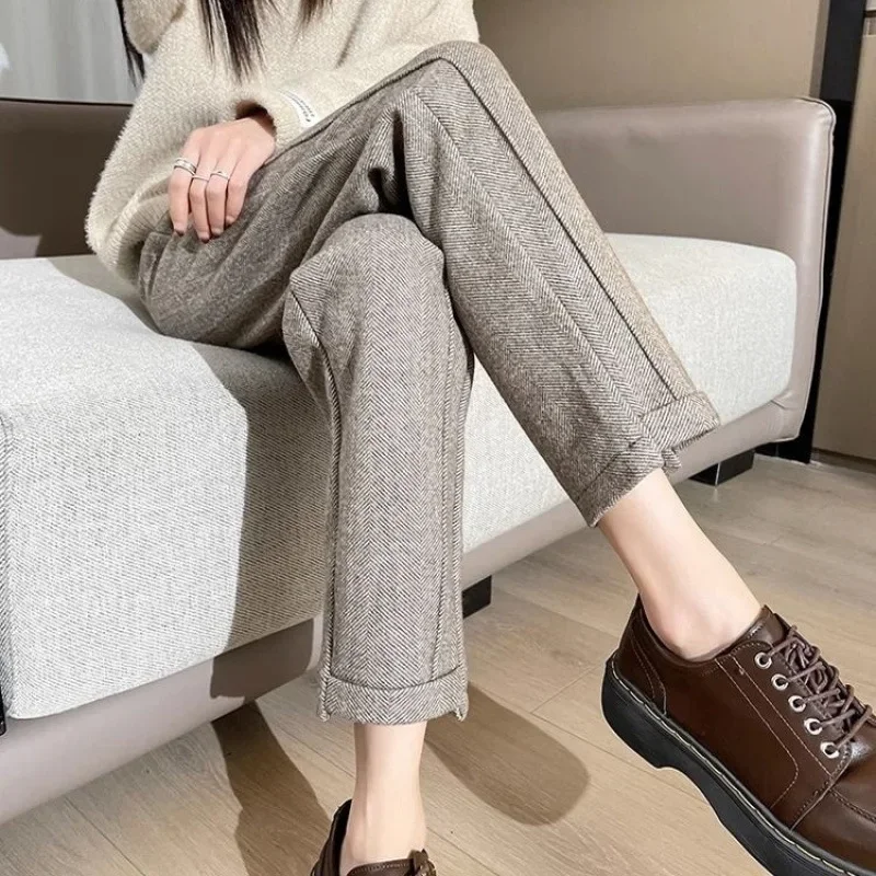 ارتفاع الخصر مستقيم الساق السراويل الصوفية المرأة الخريف الشتاء تنوعا فضفاض التخسيس إخفاء حجم صغير تسعة أنبوب السراويل