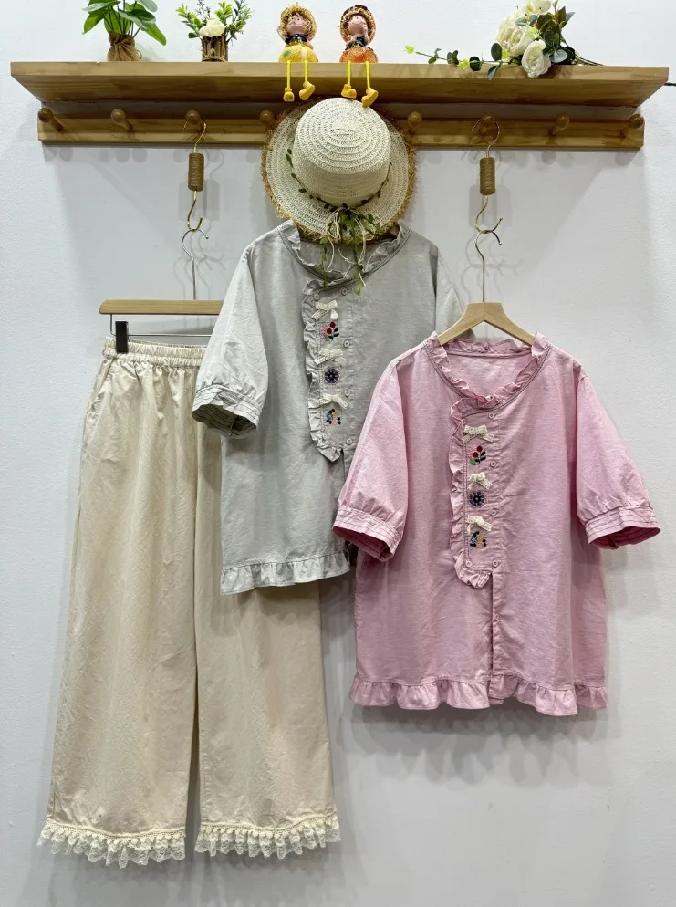 

Bust 114cm mori girl Japanese style cotton sweet floral embroidery shirts pink gray blouses for women summer loose tops