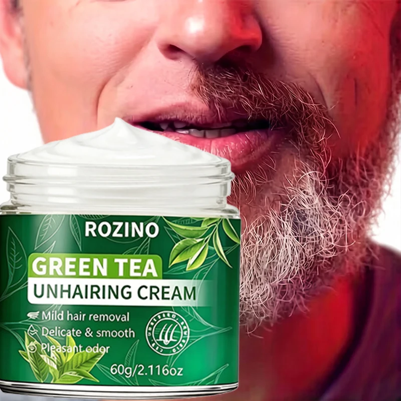 Rozino Green Tea Portable Hair Removal Cream, a Refreshing and Gentle Formula with Green Tea Plant Extracts That Soothes and Nourishes the Skin, Exudes a Light Tea Fragrance, and Can Be Easily Applied with a Scraper to Remove Hair, Leaving the Skin Smooth and Feeling Soft. the Thick Texture Prevents It from Flowing, Making It Convenient to Use. It Solves the Problem of Excess Hair on the Body, Creating a Clean and Smooth Skin, Suitable for Everyday Home Use and Exposed Skin
