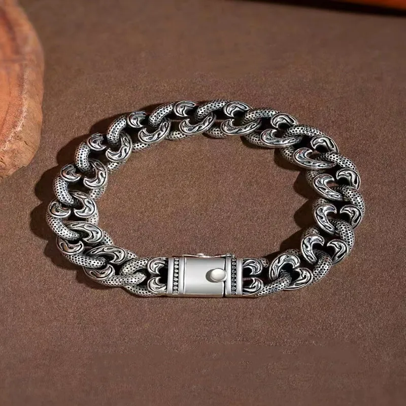 

925 Sterling Silver Engraved Heart Cuban Chain Link Bracelet Men 14MM Hiphop Punk Trendy Unique Bangle Male Gift 18/19/20/21cm