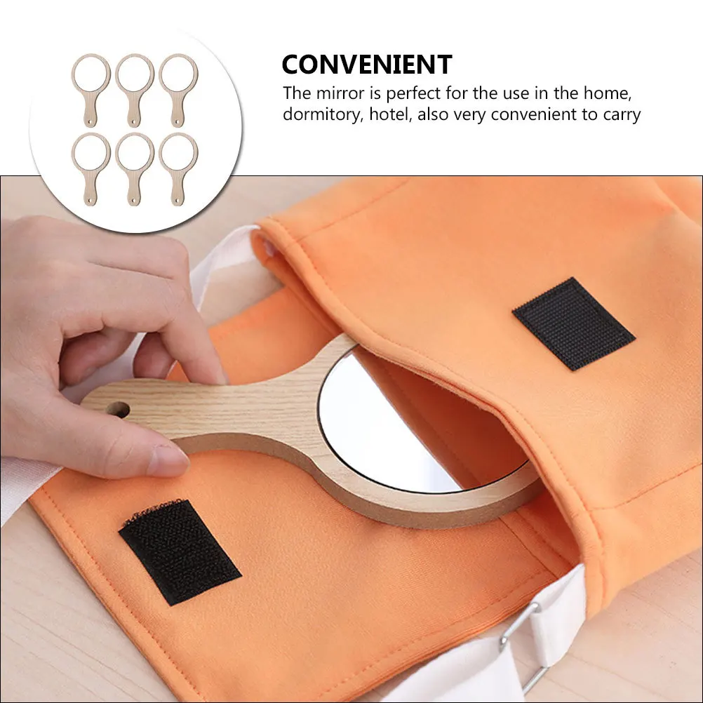 

6Pcs Makeup Mirror Handheld with Wood Handle High Definition Reflection Simple Elegant Vanity Mirror for Bedroom Hotel Use