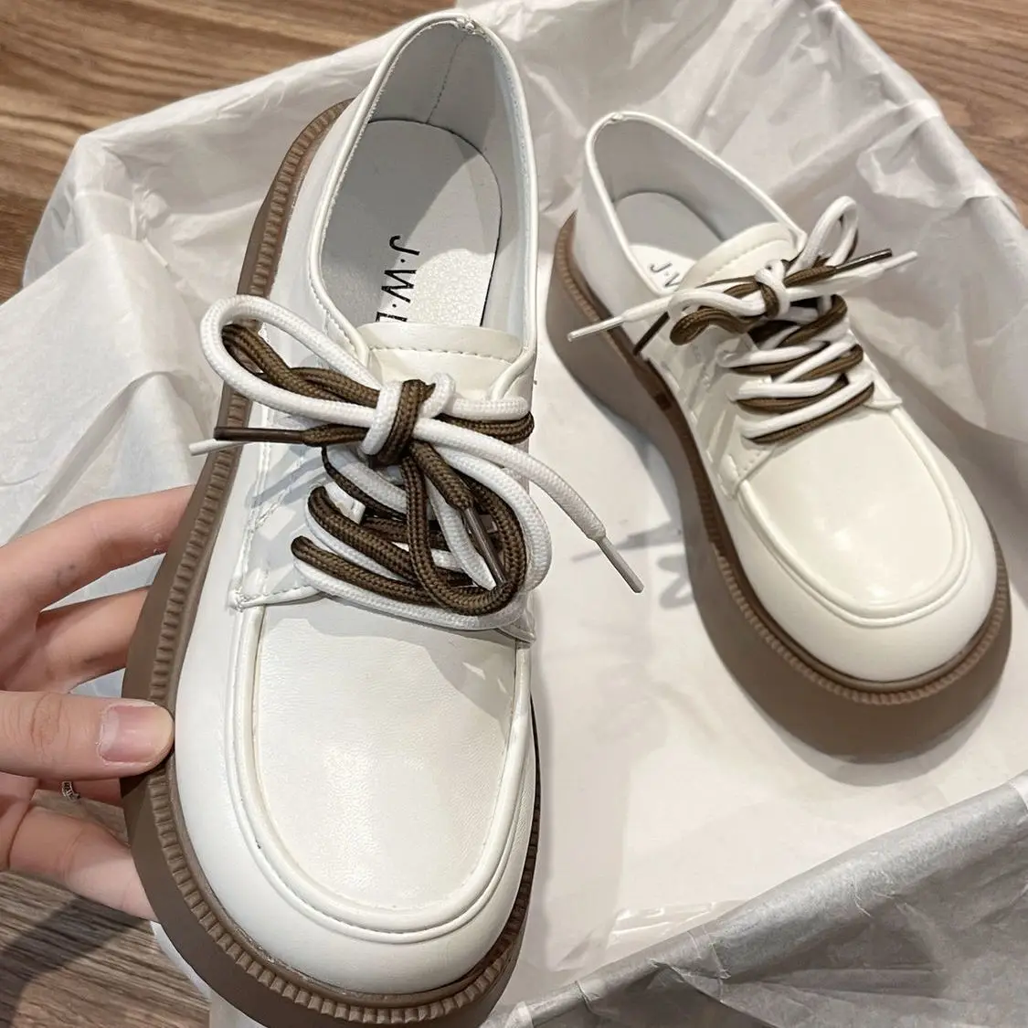 

Spring British Style Small Leather Shoes Women's New Thick Bottom Muffin Bottom Lace-up Round Shoes Woman Shoes