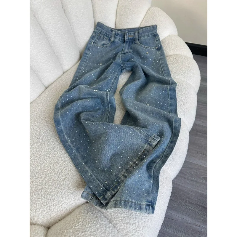 Denim Pant Women Jeans Hot Drilling Vintage Wide Leg Long Pants Work High Waist Straight Trousers Y2k Streetwear Elegant Loose