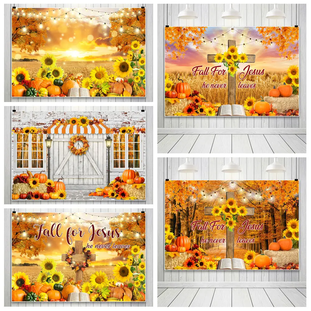 Fall For Jesus Backdrop Cloth Autumn Sunflowers Pumpkin Maple Leaves Wheat Field Photography Background Photography Accessories