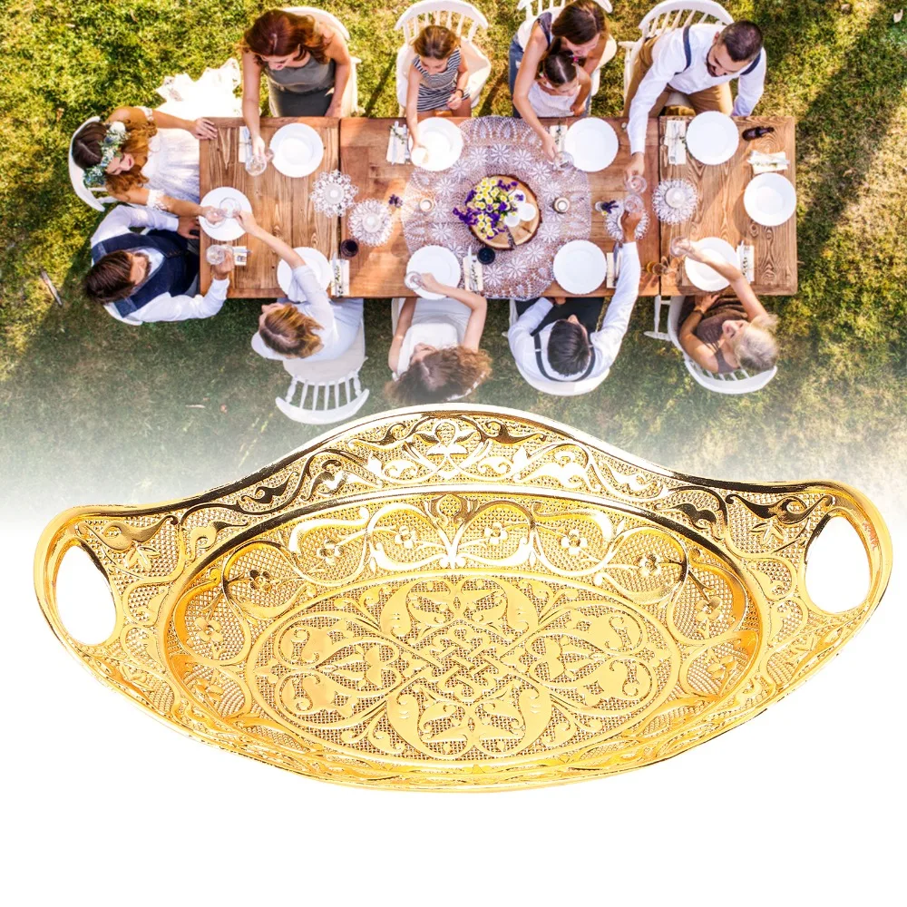 Vintage Oval Shape Fruit Tray Gold Grain Texture Serving Tray Zinc Alloy Jewelry Organizer Tray For Anniversary Parties