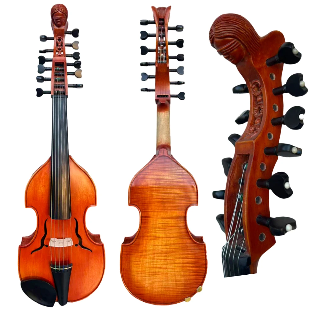 STJ 6x6 strings 4/4 violin Baroque Style 14 Inch Viola d'Amore Carved Angel Scroll Flamed Maple Professional Musical Instrument