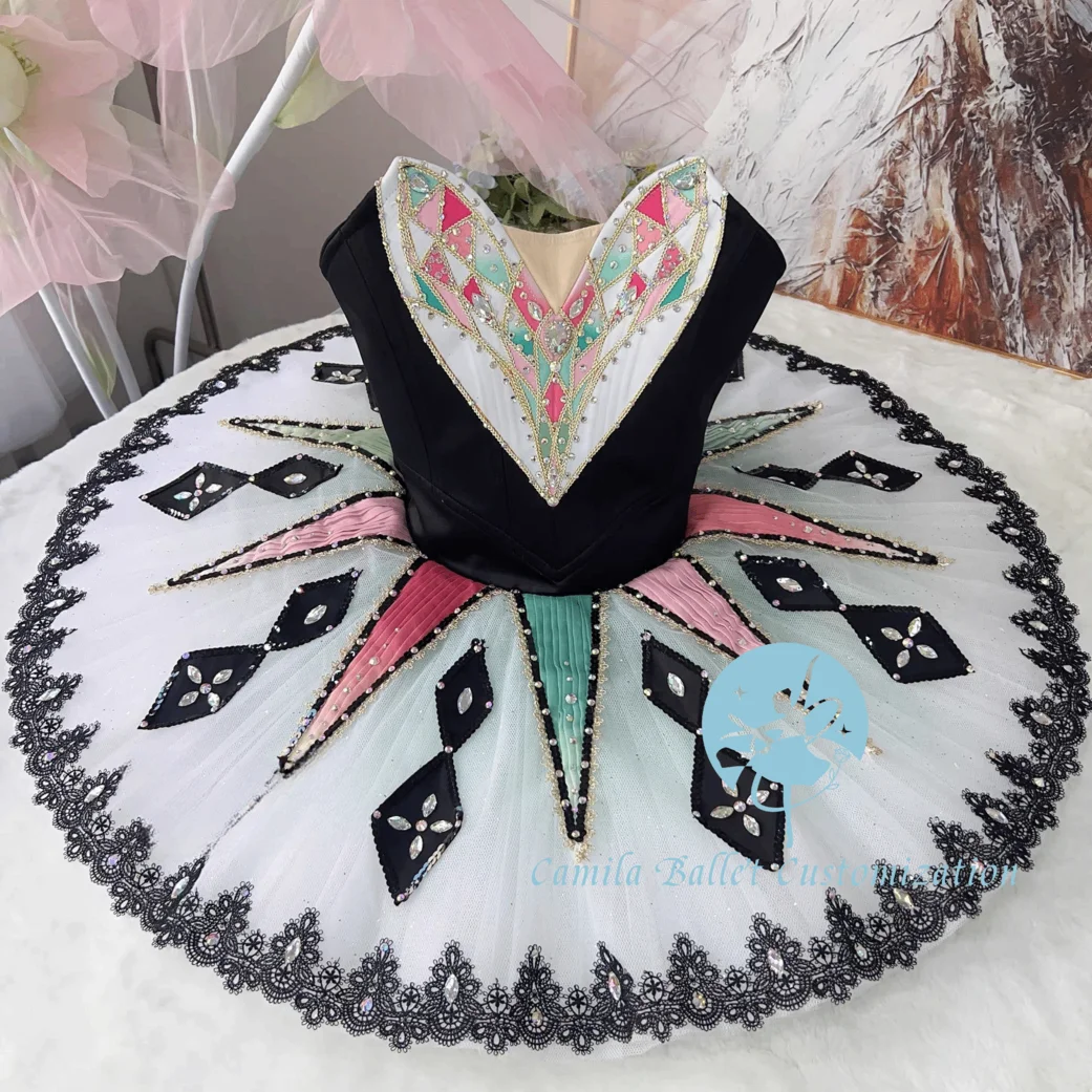 

Высококачественная профессиональная индивидуальная новая розовая и черная балетная пачка с миллионами клоуна, юбка для соревнований для взрослых и детей