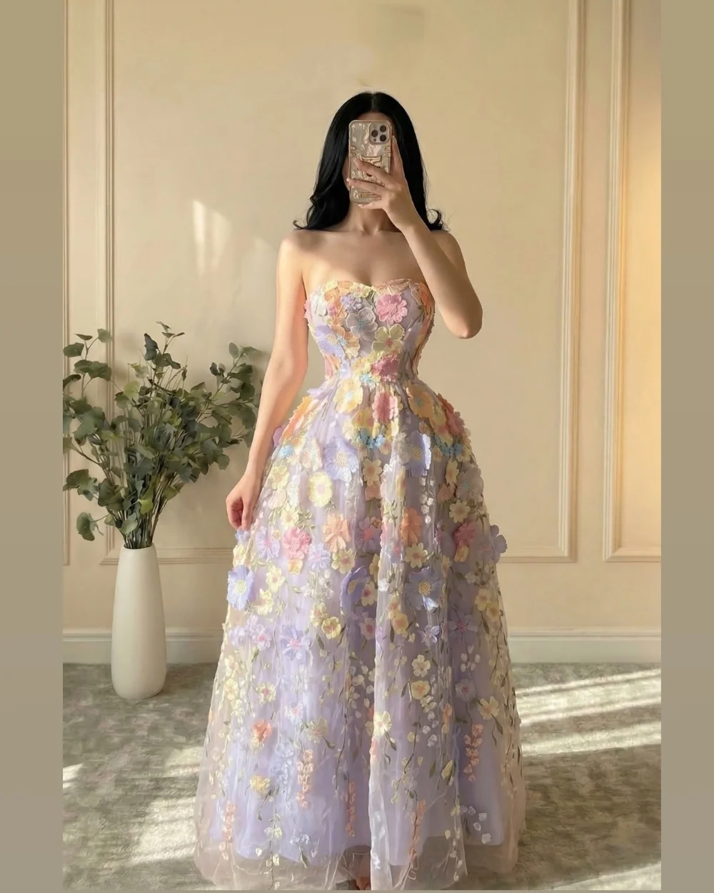 

Customized Fashion Casual Pleat Handmade Flower Ruched A-line Strapless Long Dresses Evening Dresses Exquisite Retro