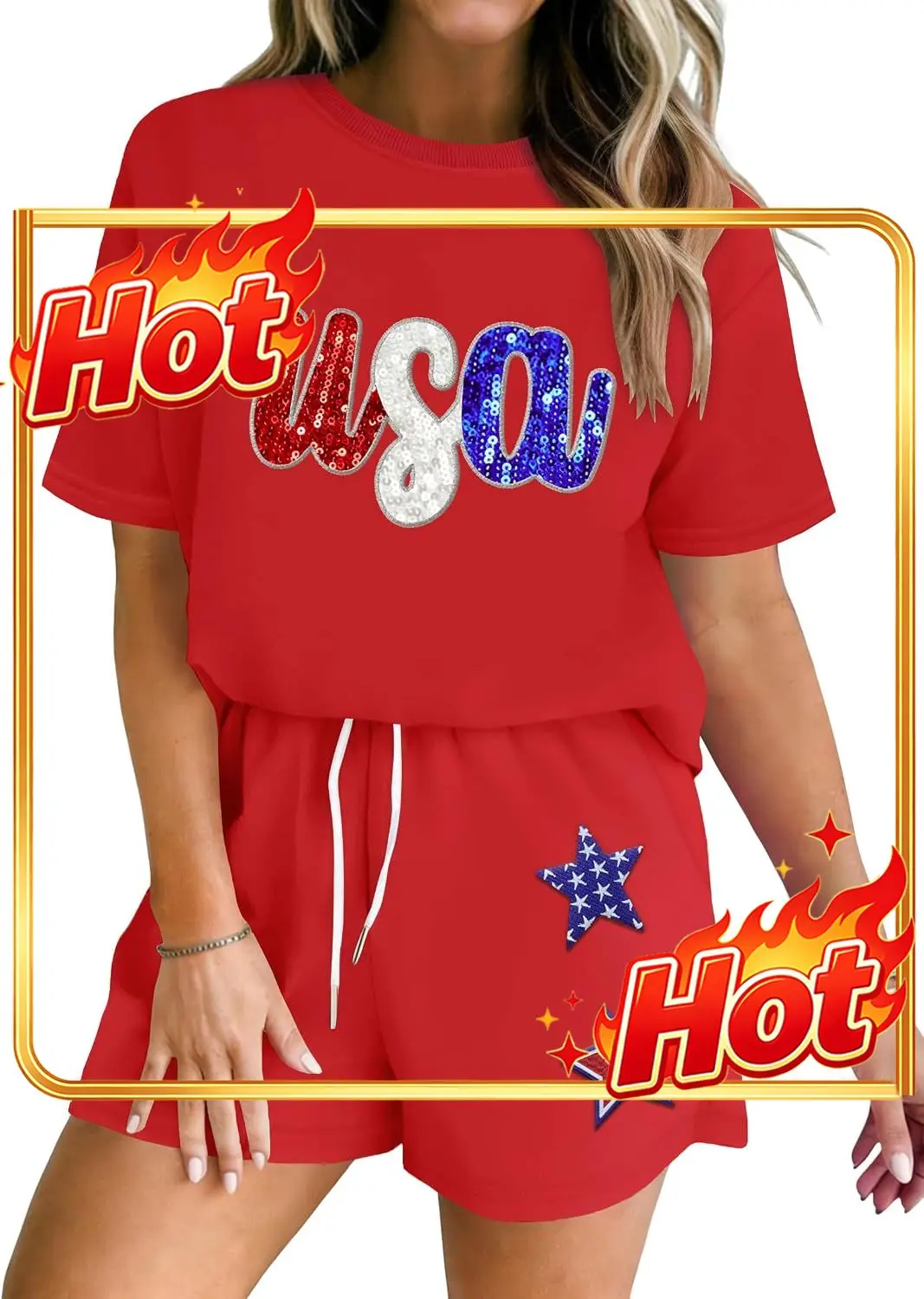 4th of July 2 Piece Outfits for Women Patriotic Shirts USA Short Sets Sequin Stars and Stripes Lounge Set With Pockets