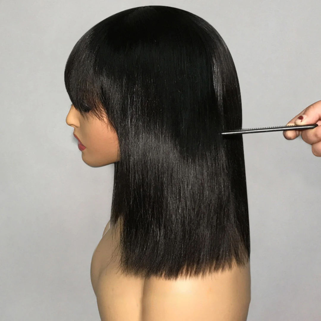 10 Inch Black Straight Human Hair Bob Wigs With Bangs 180 Density Glueless Original Human Hair Full Machine Made Wig Ideal Gift