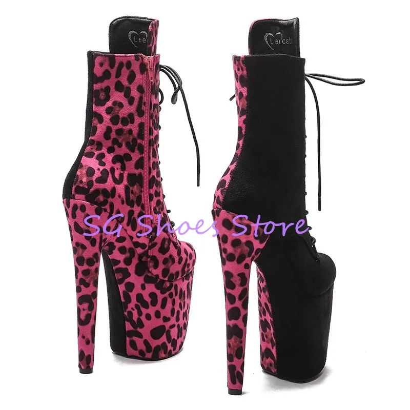Irregular Mixed Color High Heel Women Boots Leopard Prints Chunky Platfrom Pole Dance Shoes Lady Nightclub Dress Mid-Calf Boots