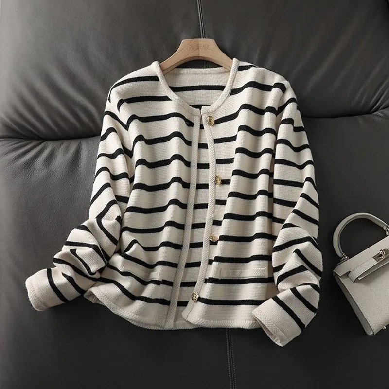 Women Spring Autumn Sweaters O-neck Stripe Knitted Cardigan Fashion Long Sleeve Casual Short Tops Korean Style New