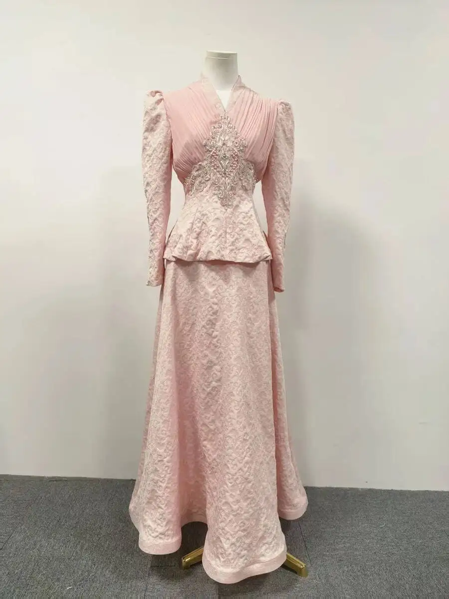 FANAN Elegant Printing Two Piece Sets For Women V Neck Long Sleeves Tunic Spliced Beading Top High Waist Skirt Set Female