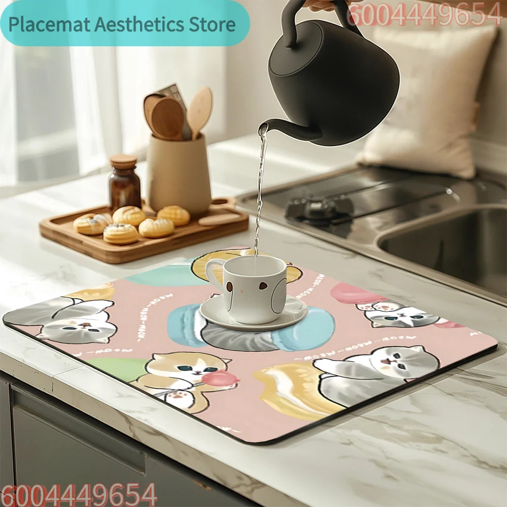Cute Kitten Playing & Eating Bowl Action Mat - Quick-Dry, Absorbent, Heat & Splash Resistant Rubber Countertop Mat for Kitchen,