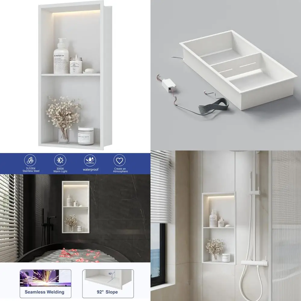 

Stainless Steel Shower Niche with LED Light, 12x24 Inch White Wall Niche, No Tiles Required, Two-Tier Design