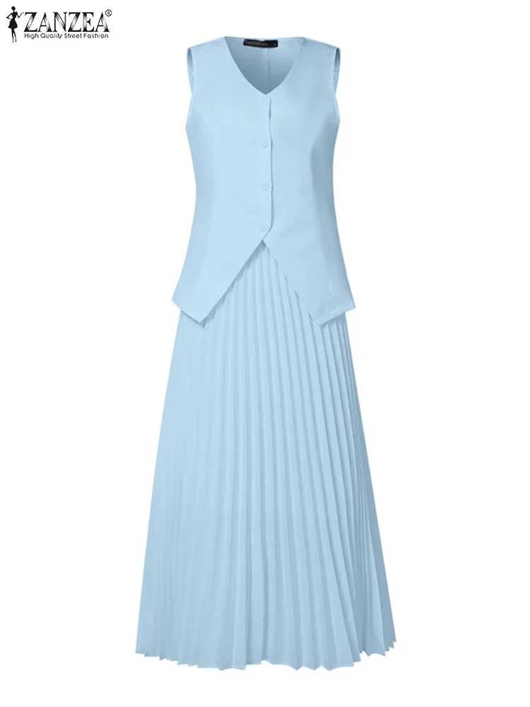 ZANZEA ฤดูร้อน 2 ชิ้นชุดชุด 2025 แฟชั่นผู้หญิงสบายๆหลวมชุดเสื้อกั๊กวันหยุดยาวจีบกระโปรงชุดการจับคู่ชุด