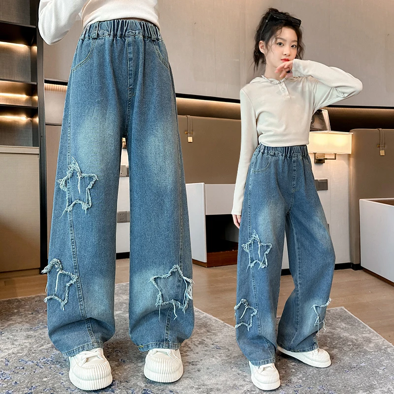 Girls Jeans Elastic Waist Star Patch Wide Leg Jeans Loose Denim Pants Spring Autumn 2026 Sweet Cute Trousers for Kids