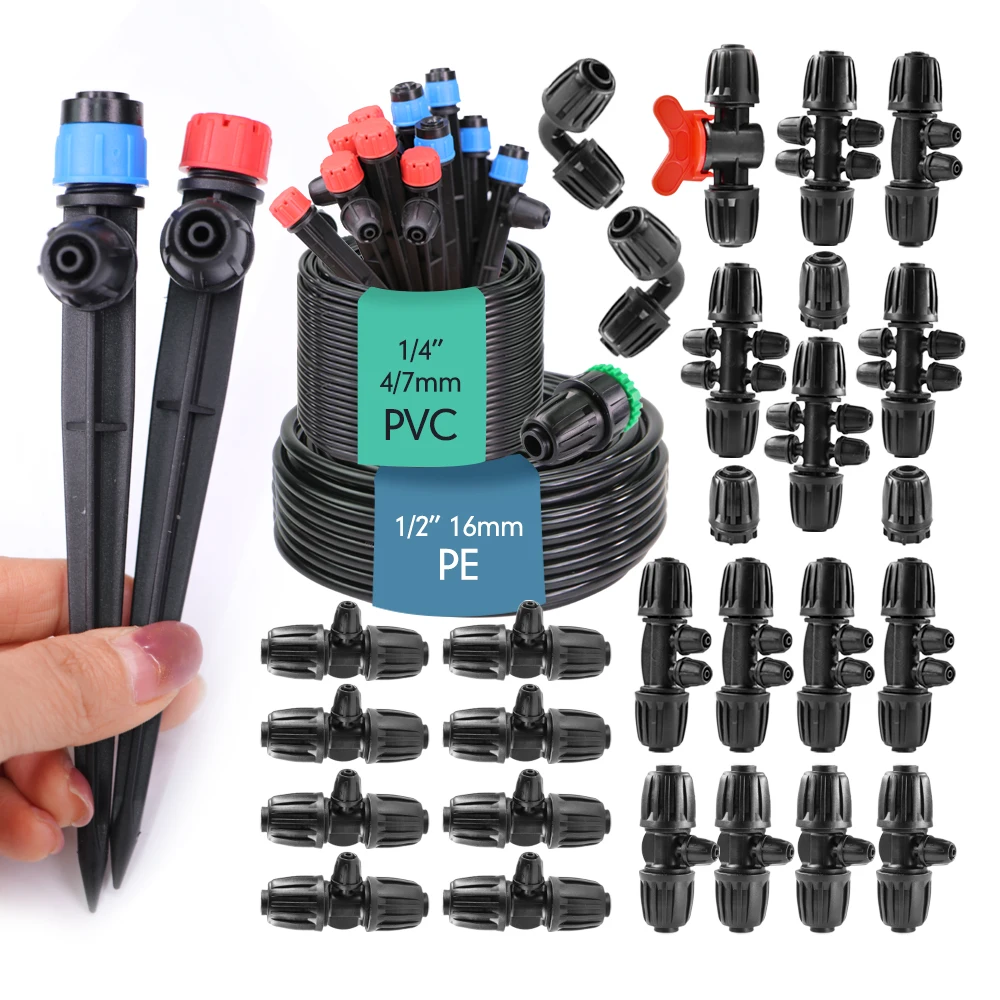 Kit de riego por goteo con manguera de PE de 16mm, boquilla ajustable con estaca de 13cm, versión de alta gama, temporizador de jardín, sistema de riego automático