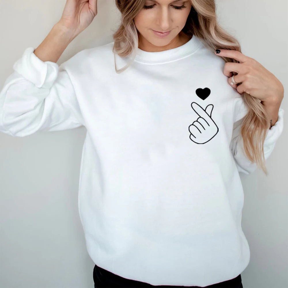 Korean Finger Heart Sweatshirt Korean Love Gift Cute Korean Heart Hoodie Women Long Sleeve Sweatshirts Kpop Pullovers Hoodies