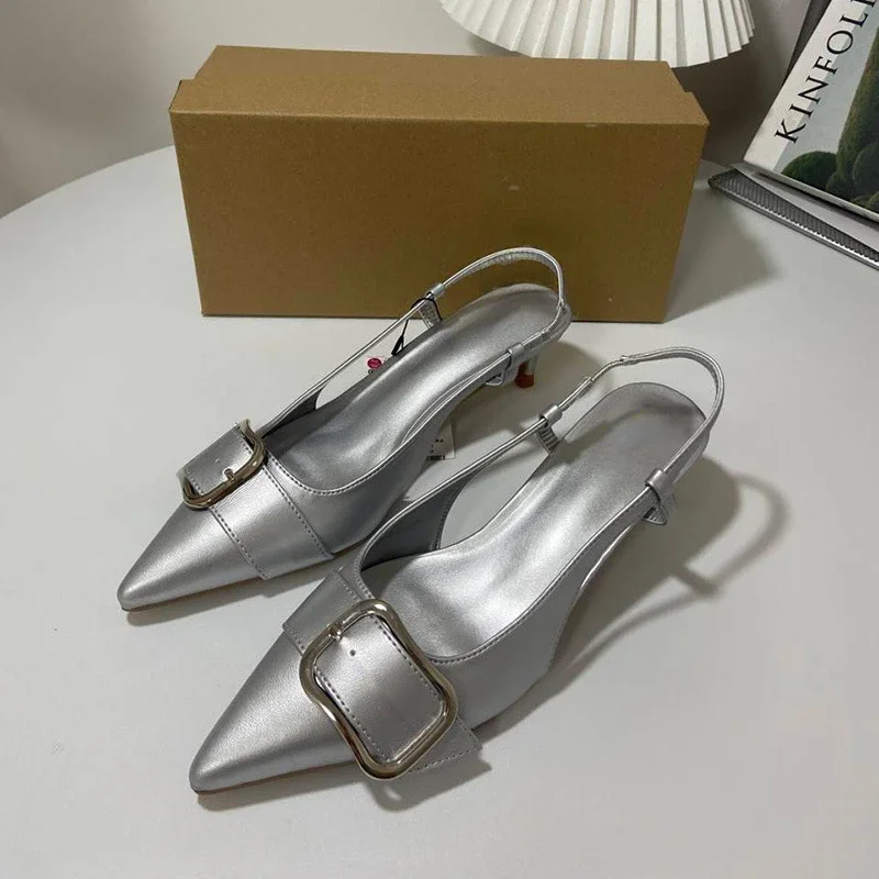 Sapatos femininos de salto alto em couro, elegantes slingbacks, dedo apontado, decoração de fivela vintage, sandálias femininas, verão, 2024