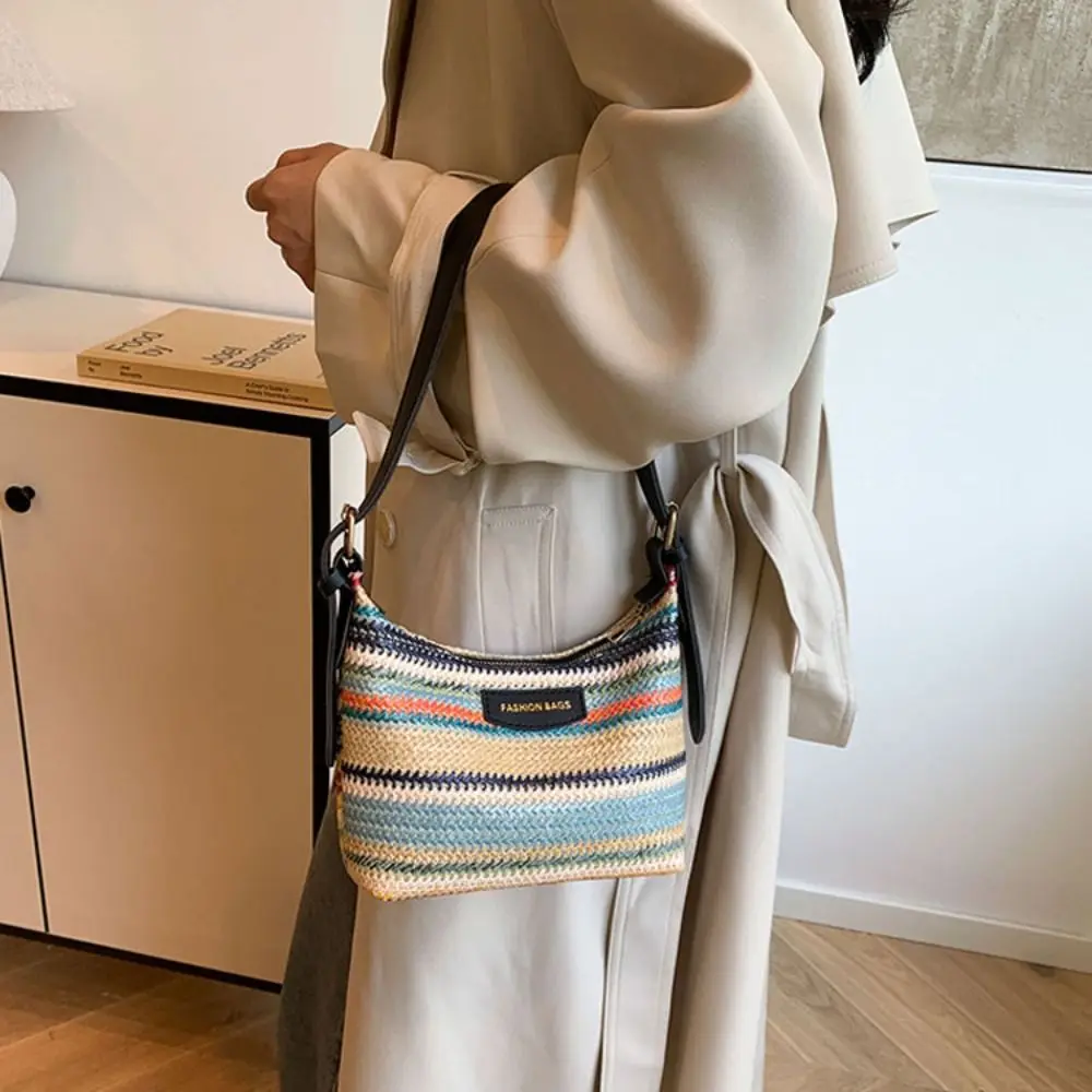 New Large Capacity Fashion Contrast Color Handbag Portable Messenger Shoulder Bag Woven Bag Versatile Tote