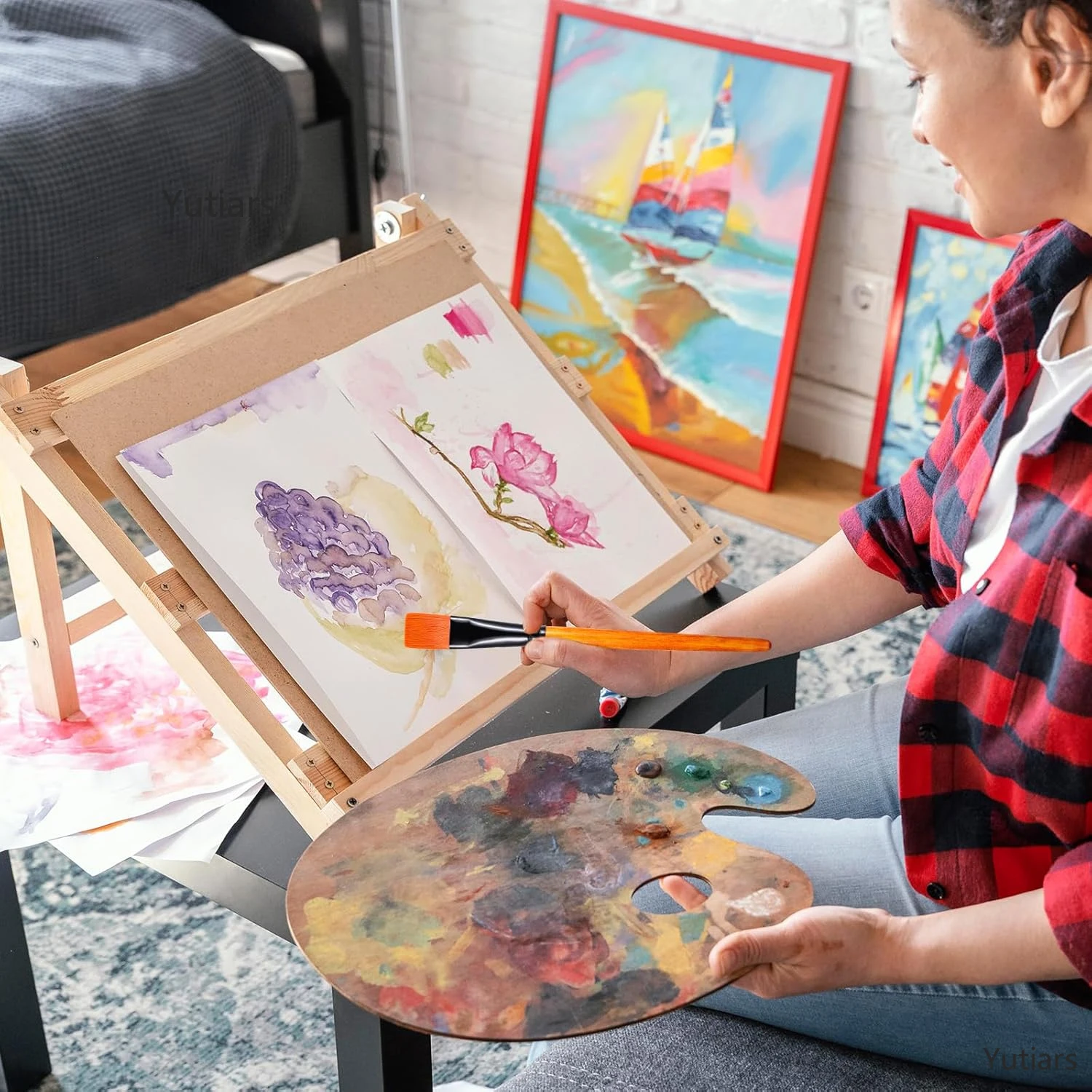 12本ワイドフラットアクリルペイントブラシ - 3/4インチ合成ナイロン毛、ディテールアートペインティング、オイル、水彩用 - バルクペイント